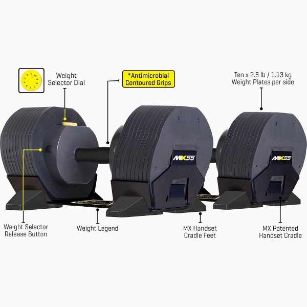 Reguliuojamo svorio hanteliai MX55 2x 4-25 kg (2 vnt.) + stovas Reguliuojamo svorio hanteliai MX55 2x 4-25 kg (2 vnt.) + stovas