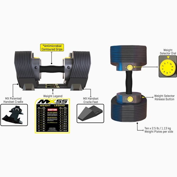 Reguliuojamo svorio hanteliai MX55 2x 4-25 kg (2 vnt.) + stovas Reguliuojamo svorio hanteliai MX55 2x 4-25 kg (2 vnt.) + stovas